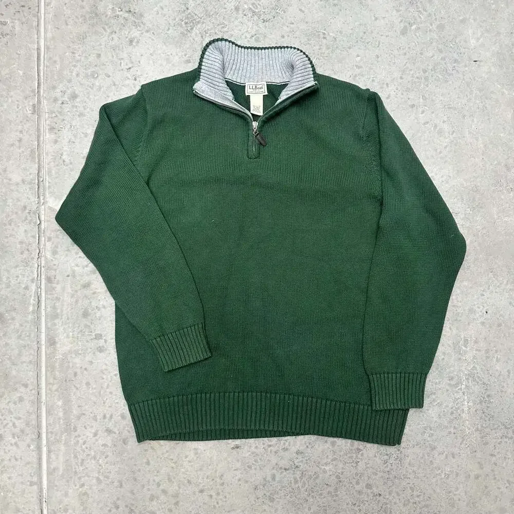 L.L. Bean Mens Green 1/4 Zip Pullover Cotton Knit Sweater - XL